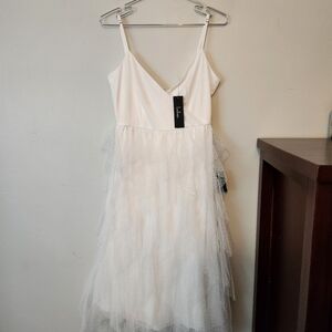 Breathtaking Essence White Swiss Dot Mesh Ruffled Midi Dress